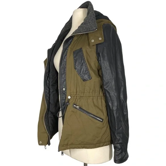 ZARA Olive/Black Utility Parka Jacket Small Vegan Leather